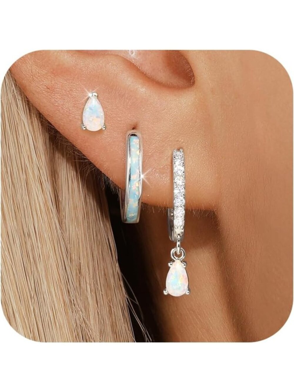 3 Pairs Opal Earrings Set for Women - Sterling Silver Hoop, Stud & Dangle Styles
